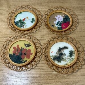 Vintage Bamboo Coaster Set Of 4 With Flowers Trees Light Brown Wood 1984 Pretty!